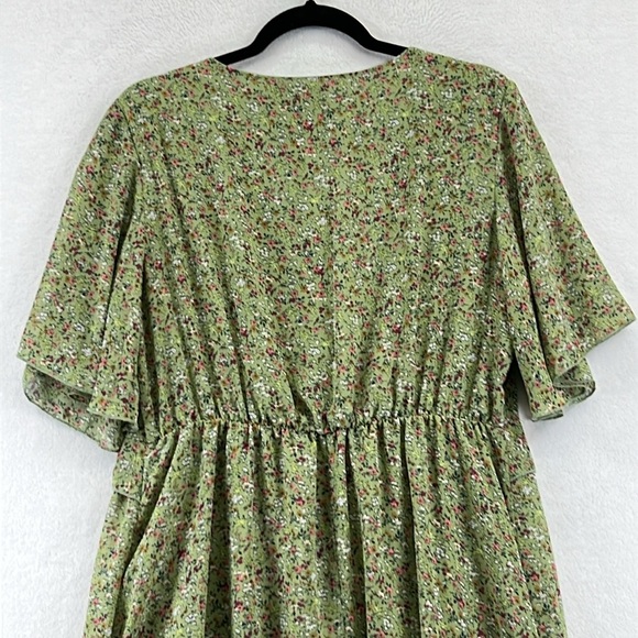 Manydress Dress Sz L Green Floral Print Flutter Sleeves V-Neck Ruffled Hem EUC - Picture 6 of 8